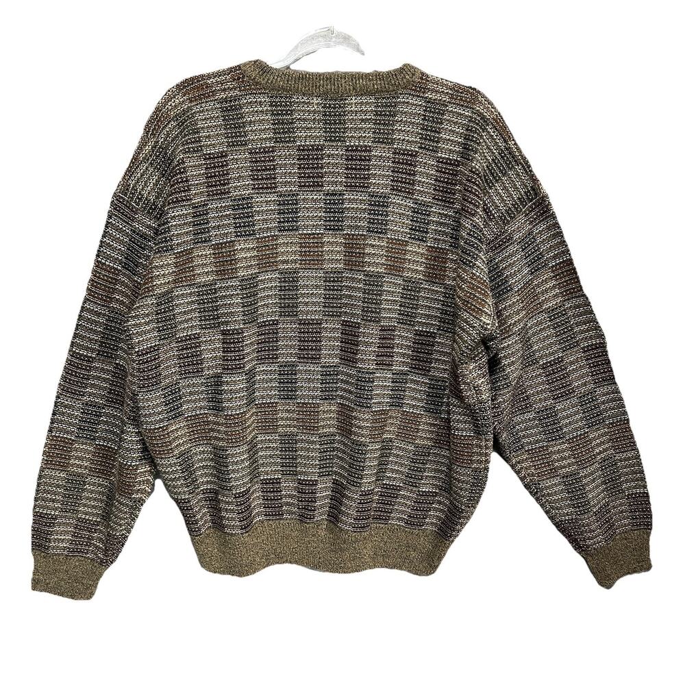 Vtg TOWNCRAFT‎ Mens Cosby Style Sweater Sz L 90s Geometric Checker Crewneck Brwn - Picture 2 of 8